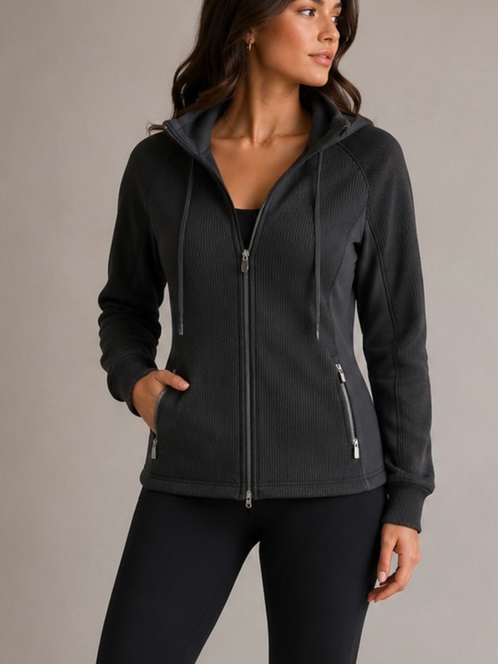 Swiss Tech Women's Black Full-Zip Hooded Waffle Knit Jacket